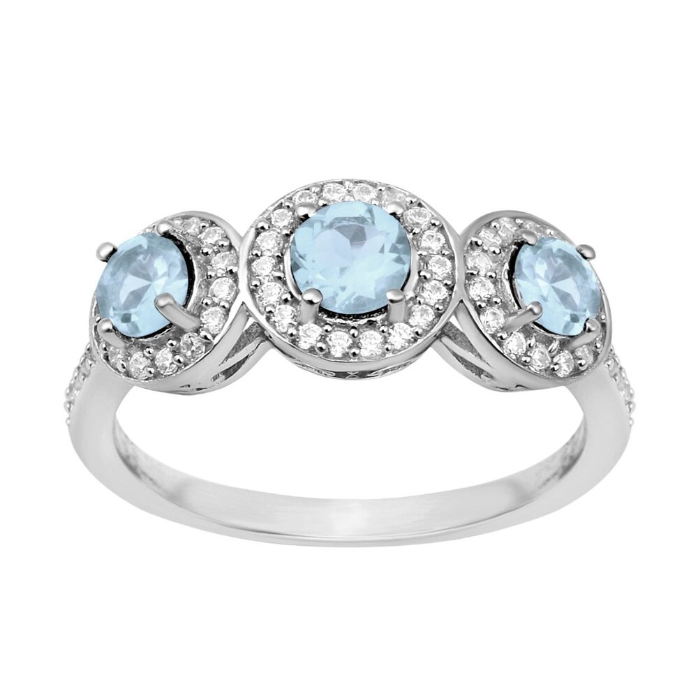 925 Sterling Silver Aquamarine Three Stone Halo Ring with Solitaire Accents